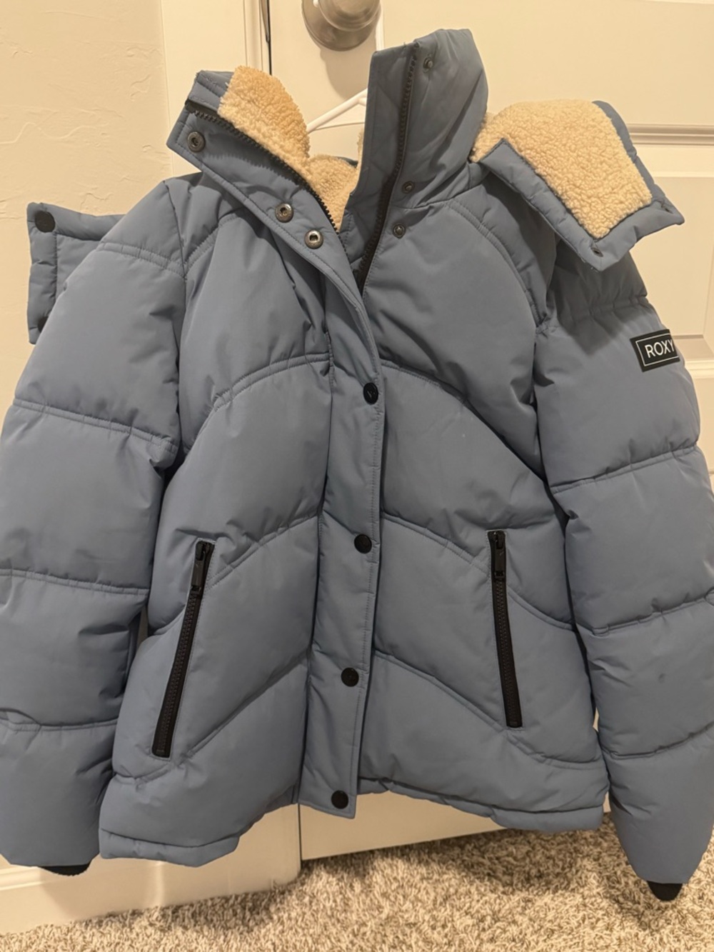 Roxy Light Blue Jacket with Cream Sherpa Trim